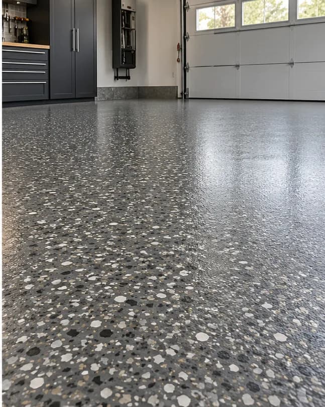 Donkere vloercoating met decoratieve flakes
