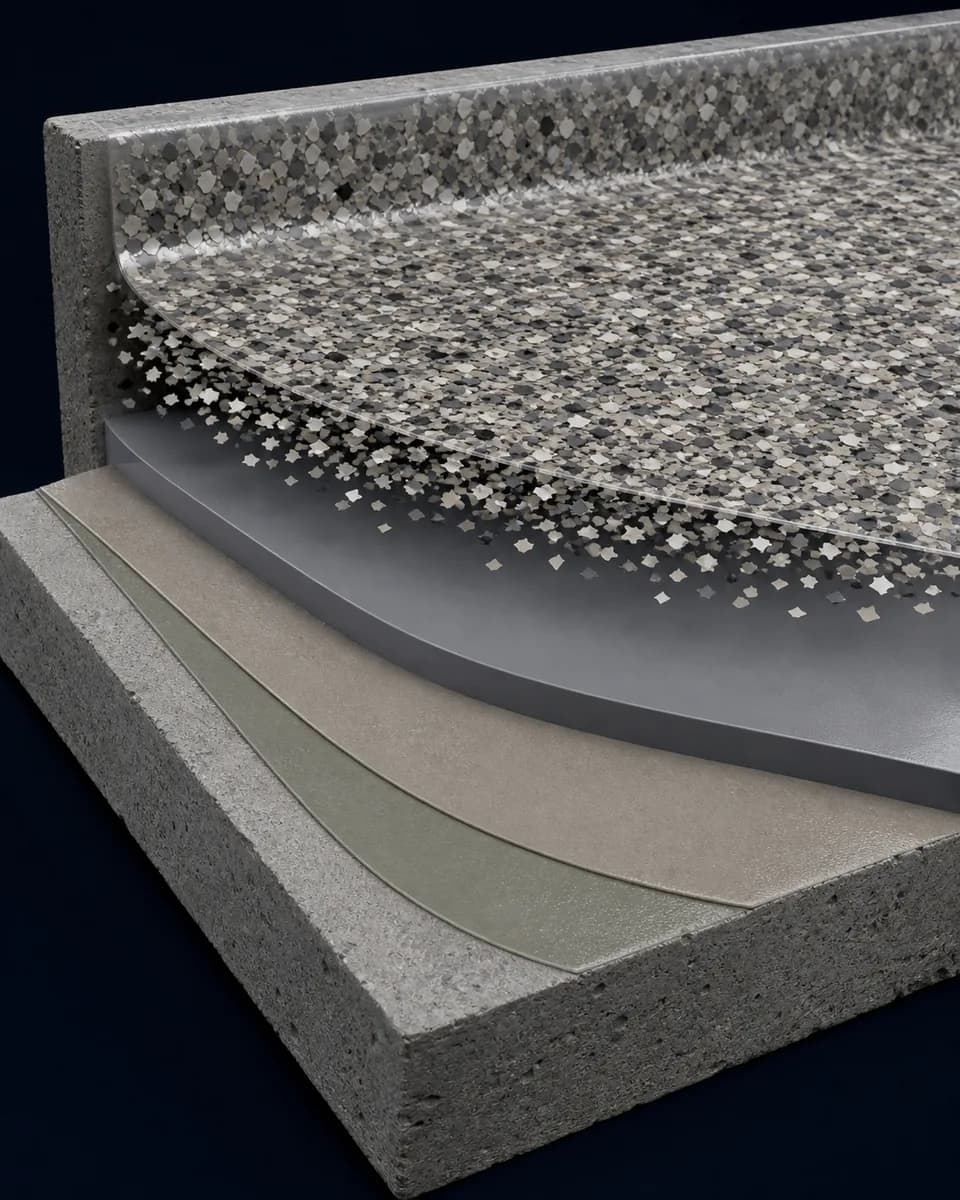 Visuele doorsnede van de laagopbouw voor polyaspartic Design / Flakes